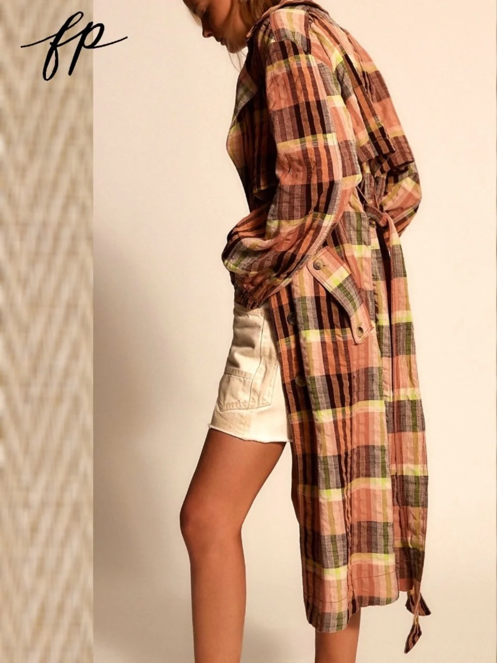 FREE PEOPLE 100% Cotton Lightweight Oversized Colorful Plaid Bliss Maxi Trench
